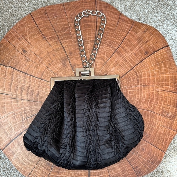 Handbags - Black Satin Evening Bag Silver Hardware Chain Strap Wristlet Shoulder Purse